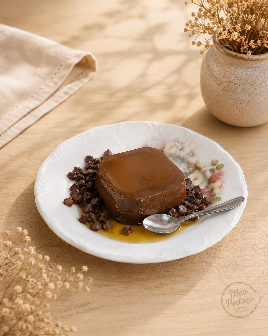 Pudim artesanal de chocolate cremoso com calda e raspas de chocolate