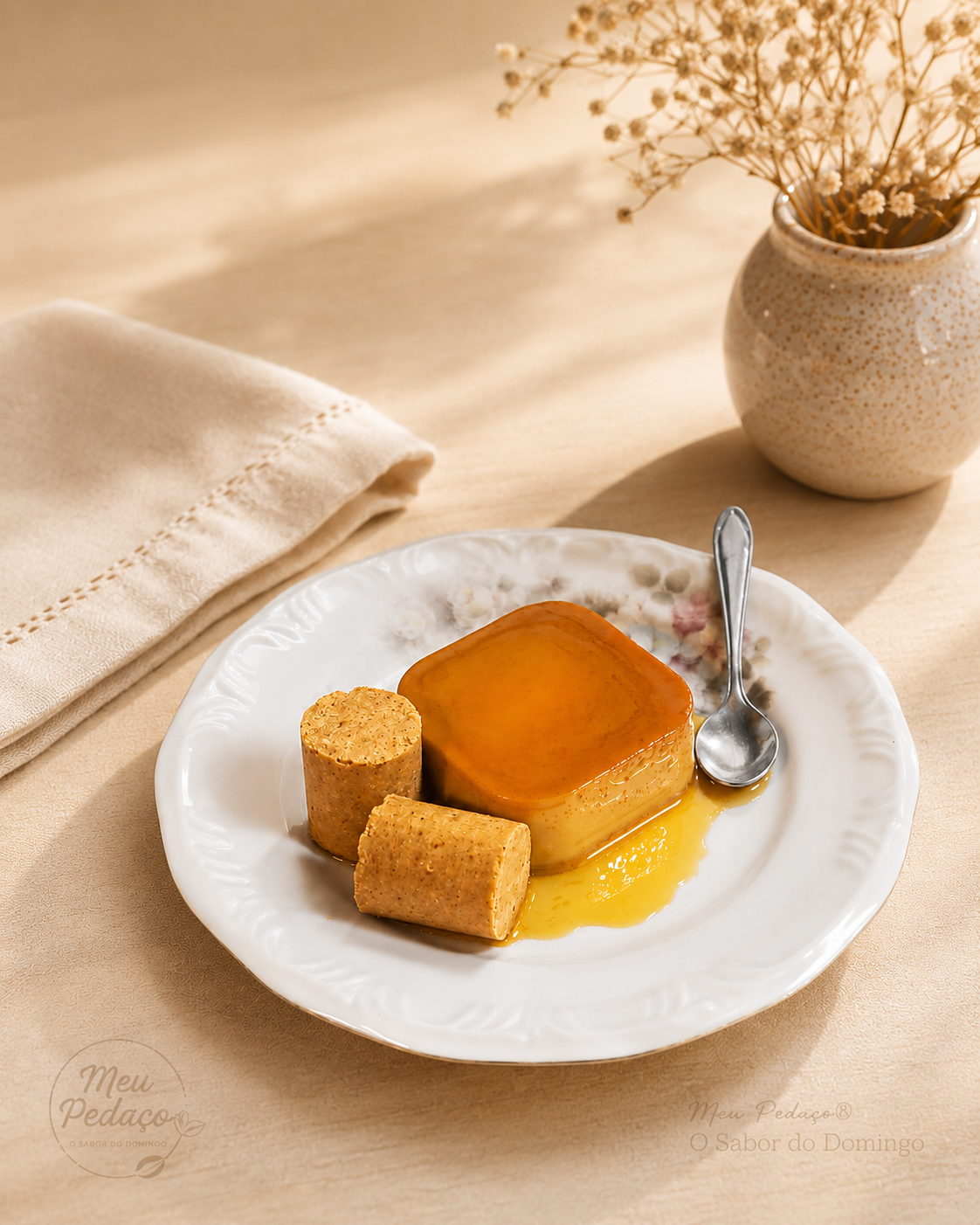 Pudim artesanal de paçoquinha com calda cremosa e pedaços de amendoim